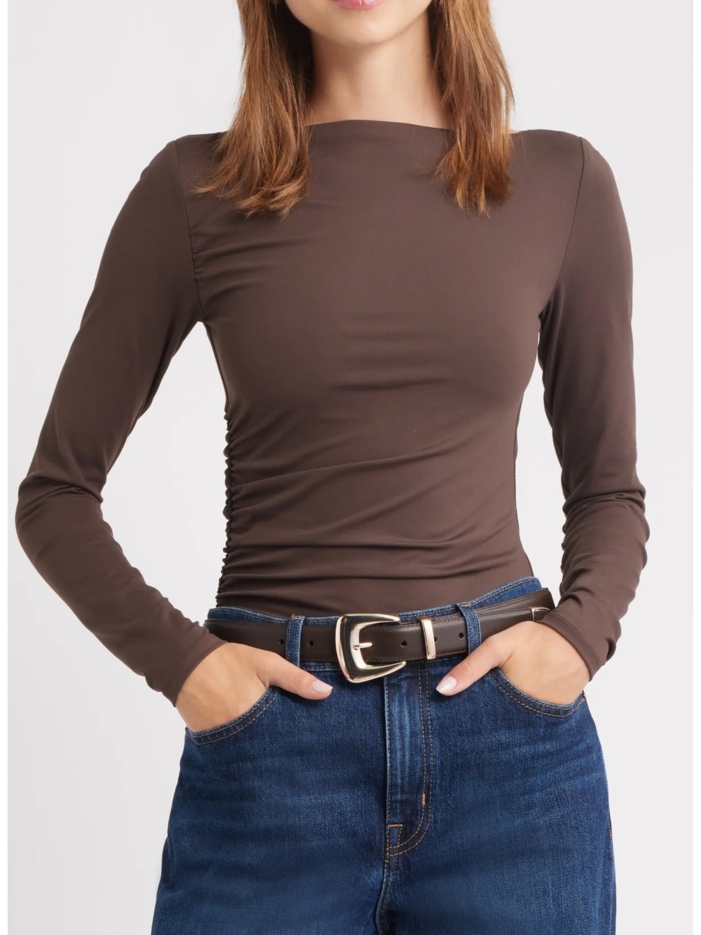 Open Edit Brown Long-Sleeve Crewneck Top